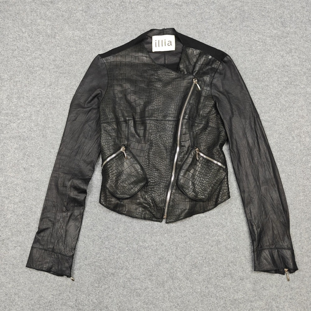 Illia Jacket Womens‎ 0 Black Leather Croc Embossed Moto Asym Zip Pockets Stretch